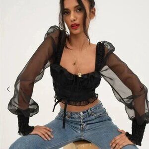 For Love And Lemons Black Sheer Puff Sleeve Crop Blouse